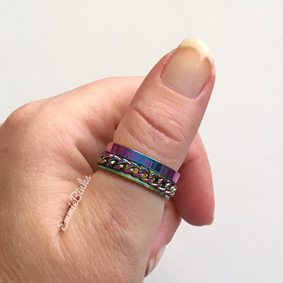 NEW SIZES 8mm Oil Slick Chain Spinner Ring Unisex Stainless Steel Roman Numerals - Picture 3 of 16